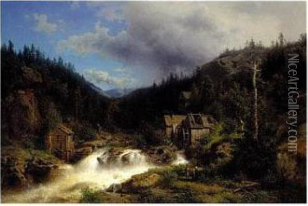 Landscape With A Watermill Oil Painting - Herman Herzog