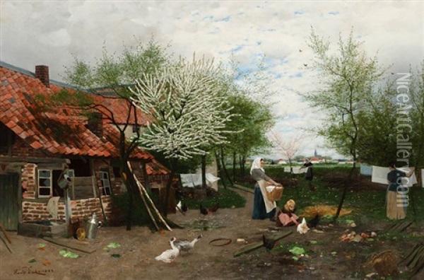 Apriltag - Geschaftiges Treiben Auf Dem Bauernhof Am Niederrhein Oil Painting - Harald Hugo Jacob Diecks
