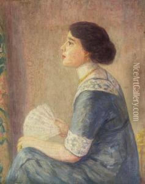 Lady In Blue Holding Fan Oil Painting - Frederick Carl Frieseke