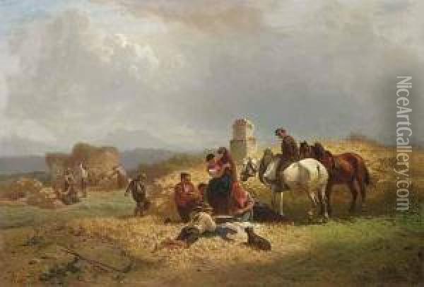 Rastende Bauern Bei Der Heuernte. Oil Painting - Julius Noerr