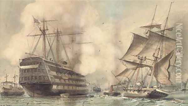 H.M.S. Victory saluting a Royal Navy brig being towed past the old flagship's permanent mooring into Portsmouth harbour Oil Painting - William Edward Atkins