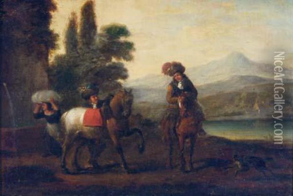 An Elegant Figure On Horseback With A Groom In A Landscape Oil Painting - Pieter Wouwermans or Wouwerman
