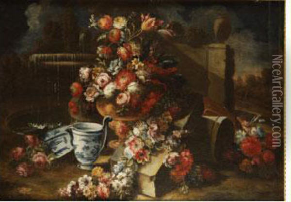 Jarron De Flores Con Guirnaldas Junto A Una Fuente En Un Jardin Oil Painting - Giuseppe Lavagna
