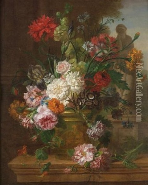Chrysanthemums, Carnations, Roses, Morning Glory And Other Flowers In A Stone Urn On A Stone Ledge, A Classical Statue Beyond Oil Painting - Willem van Leen