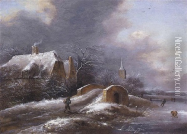 Ein Dorf Im Winter Mit Einem Reisenden Und Schlittschuhlaufern Oil Painting - Nicolaes Molenaer