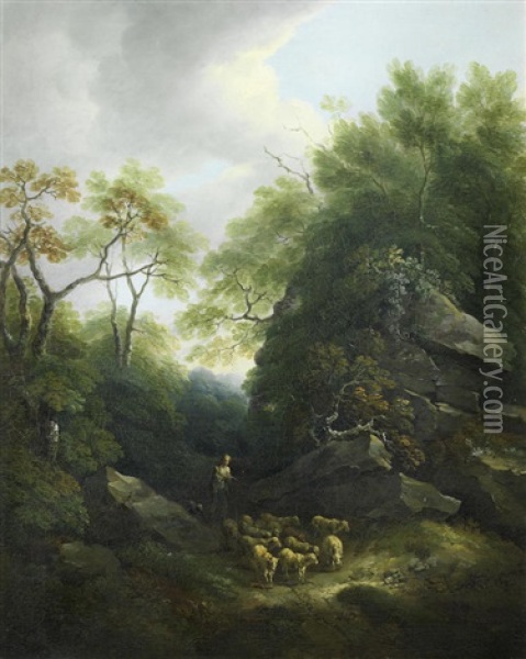A Rocky Wooded Landscape With A Shepherd And His Flock On A Path Oil Painting - Thomas Barker