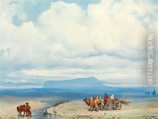 Gathering At A Midstream On The Russian Steppe Oil Painting - Petr Nikolaevich Gruzinsky