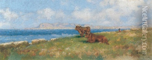 Veduta Del Golfo Di Palermo, Con Bufali Oil Painting - Erminio Cremp
