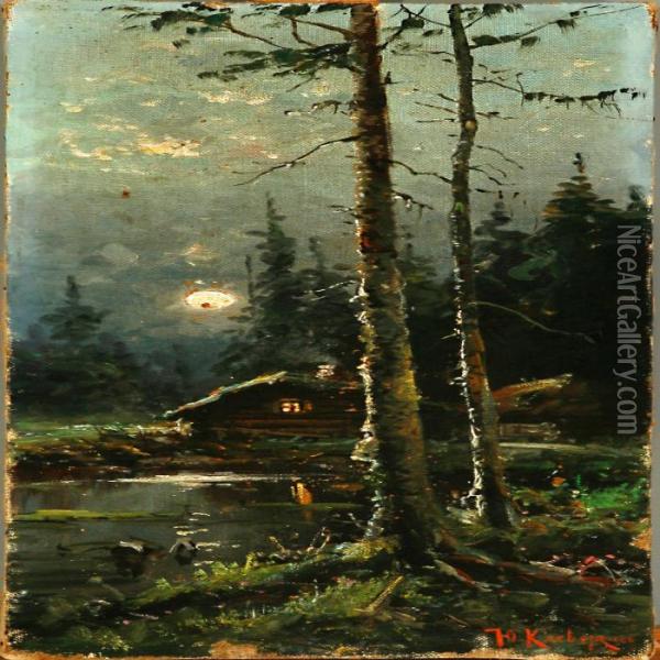 Forest Scene In Moonlight Oil Painting - Iulii Iul'evich (Julius) Klever