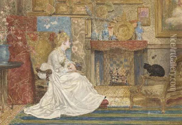 An Elegant Lady Seated By A Fire In A Chinese Influencedinterior Oil Painting - James Macbeth