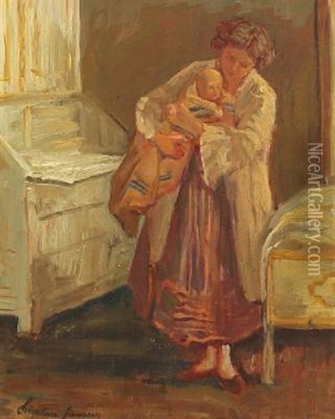 A Mother With Her Child In The Bedroom Oil Painting - Luplau Janssen