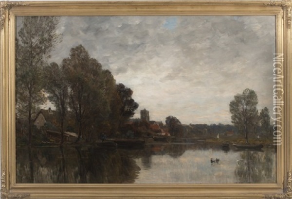European Riverscape With Village In The Distance Oil Painting - Gilbert Von Canal