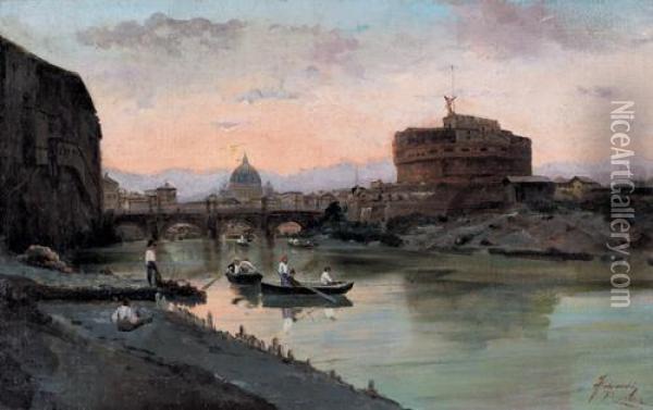 Roma, Lungotevere Con Veduta Di Castel Sant'angelo E San Pietro Oil Painting - Federico Schianchi