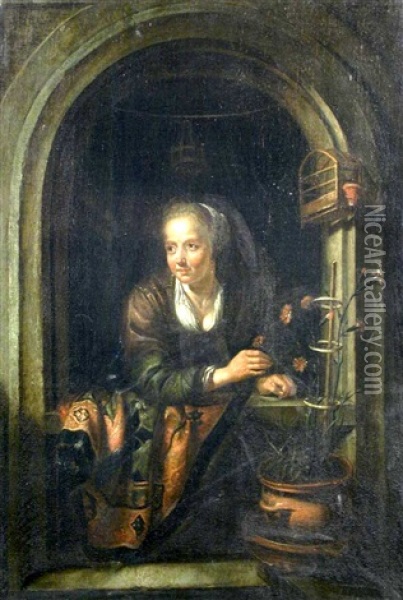 A Young Woman With A Pot Of Pinks By A Window Oil Painting - Gerrit Dou