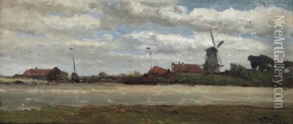 A Polder Landscape With A Mill Oil Painting - Willem Roelofs