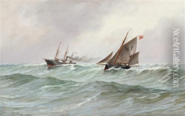 Seascape With Danish Pilot Boat And Steam Boat Oil Painting - Carl Ludvig Thilson Locher