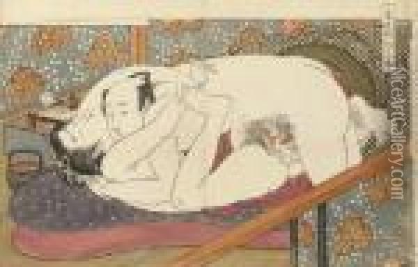 A Young Man Making Love To His Ecstatic Partner On A Futon Oil Painting - Isoda Koryusai