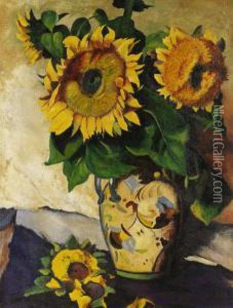 Sonnenblumen In Bemalter Vase Mit Doppelhenkel. Oil Painting - Heinrich Nauen