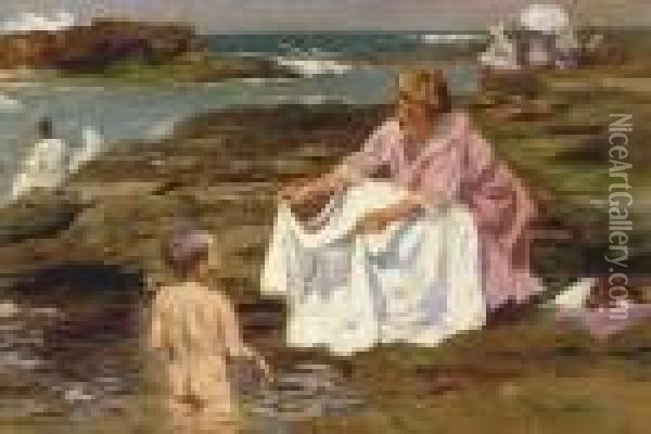 Mother And Child At The Beach Oil Painting - Julio Vila y Prades