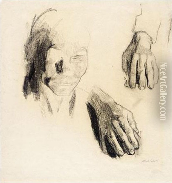 Kopf- Und Handestudien (study Of Head And Hands) Oil Painting - Kathe Kollwitz