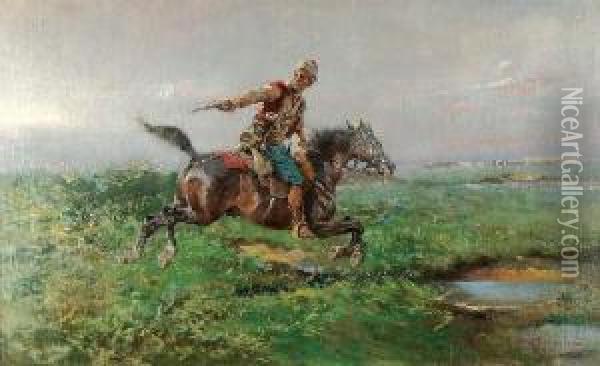 Jezdziec Na Stepie, Po 1900 Oil Painting - Thaddaus von Ajdukiewicz