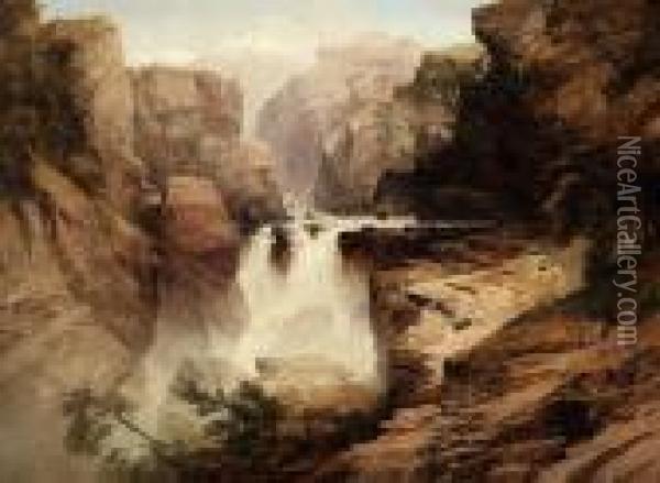 Alp Landscape With Waterfall Oil Painting - Adelsteen Normann