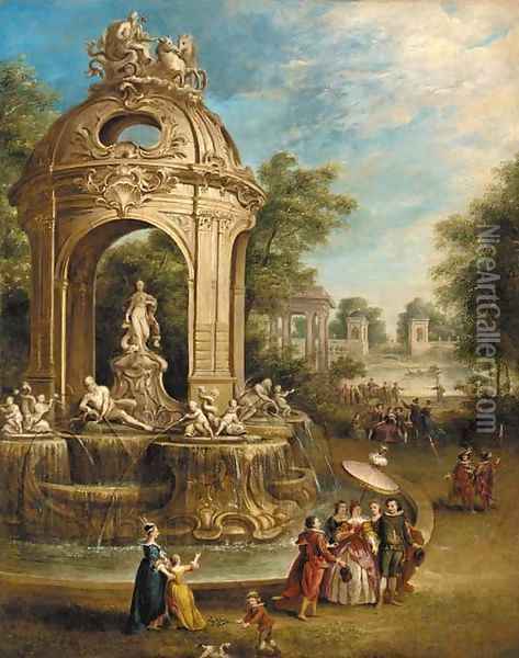 Elegant company by a baroque fountain in an Italianate garden, an ornamental lake beyond Oil Painting - Pierre-Antoine Patel