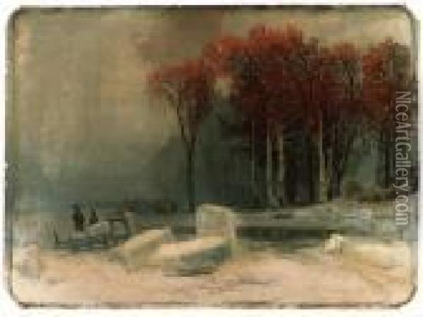 Ice-cutters In A Frozen Landscape Oil Painting - Arsenii Ivanovich Meshcherskii