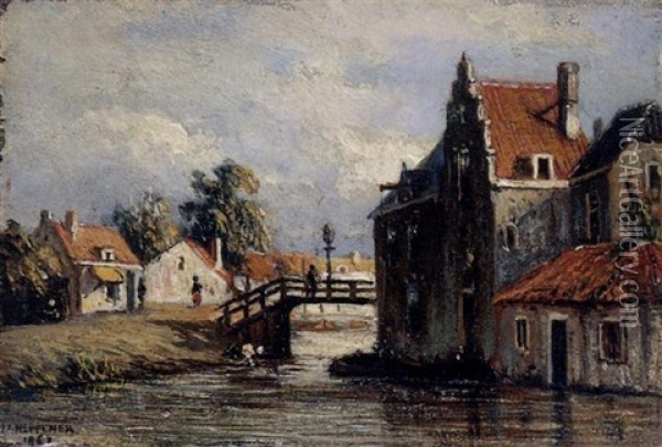 A View Of A Canal Oil Painting - Johannes Jacobus (Jan) Heppener