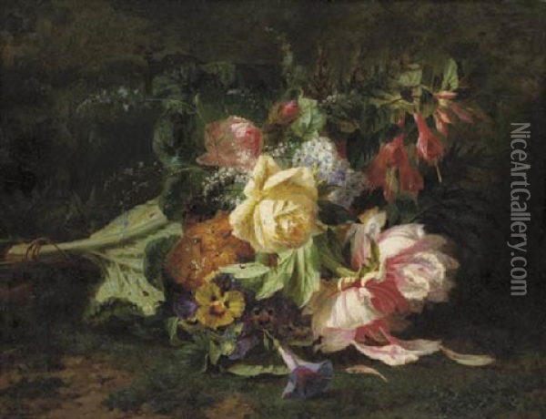 A Bouquet Of Roses, Violets, Poppies, Lilac And Fuchsia Oil Painting - Jean-Baptiste Robie