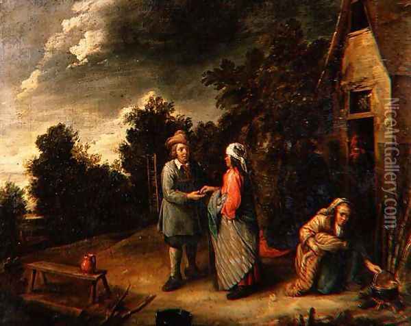 Peasants by a Cottage Oil Painting - Gillis van Tilborgh