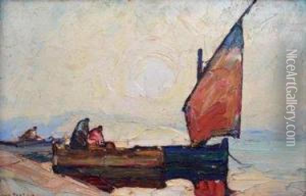 Single Masted Fishing Boats With Figures Moored At A Harbours Edge Oil Painting - Louis Pastour