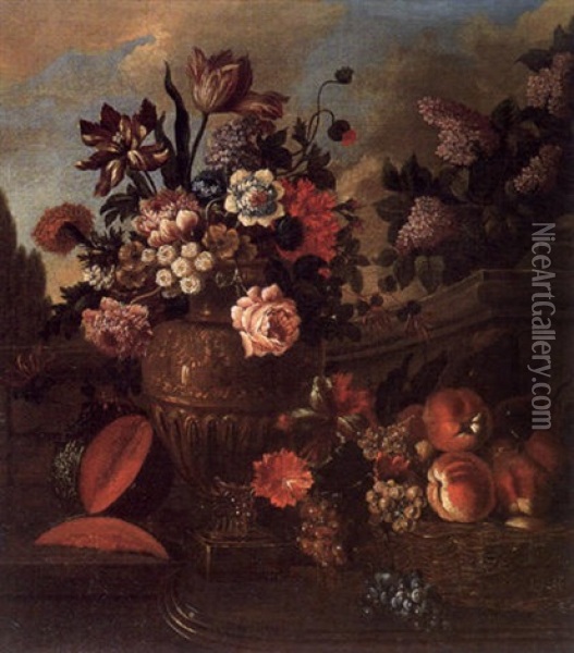 Vase De Fleurs, Pasteque Et Panier De Fruits Pres D'un Muret Oil Painting - Pierre Nicolas Huilliot