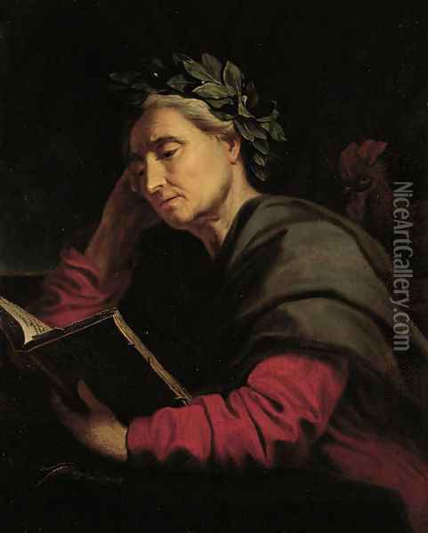 Asclepius, the god of healing and medicine, seated half-length at a table, reading a book Oil Painting - Antoine de Favray