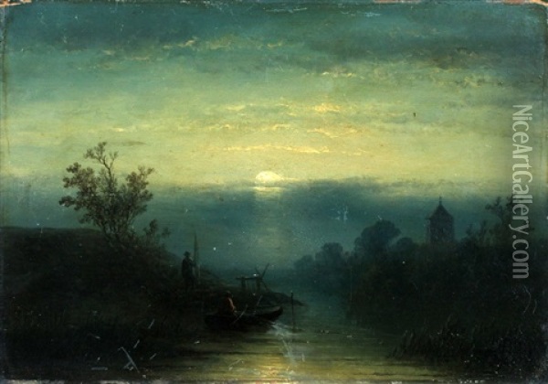 Het Binnenhalen Van De Visnetten Bij Nacht Oil Painting - Johannes Franciscus Hoppenbrouwers