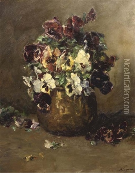 Violets In A Copper Pot Oil Painting - Baruch Lopes de Leao Laguna