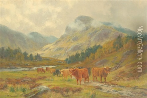 Highland Cattle Grazing In A Mountain Landscape With Low Clouds Oil Painting - Louis Bosworth Hurt