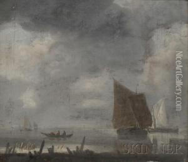 Shore Scene With Sailing Vessels Under Gray Skies Oil Painting - Jan Van De Capelle