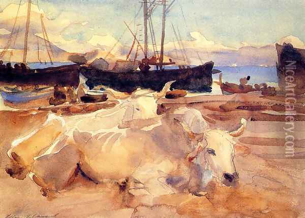 Oxen on the Beach at Baia Oil Painting - John Singer Sargent