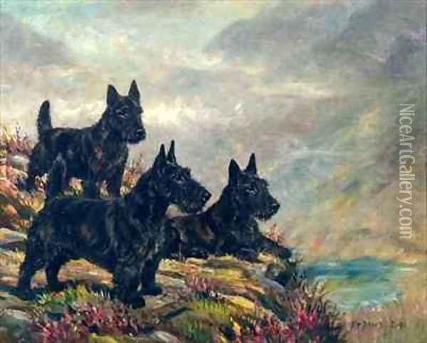 Scotties in a Landscape Oil Painting - Frederick Thomas Daws