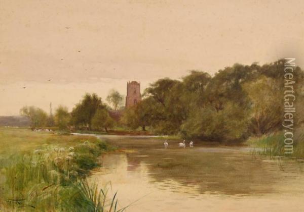 Rural River At Sunset Oil Painting - Henry Charles Fox