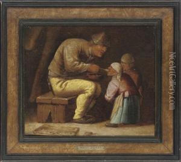 A Peasant Feeding Two Children In An Interior Oil Painting - Pieter Jansz. Quast