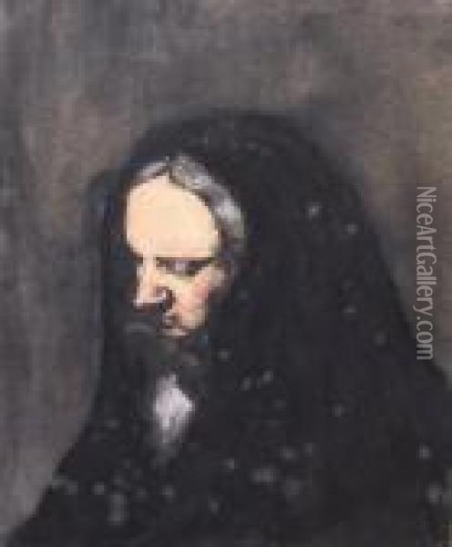 Portrait Of A Lady (head And Shoulders) In A Black Shawl Oil Painting - William Nicholson