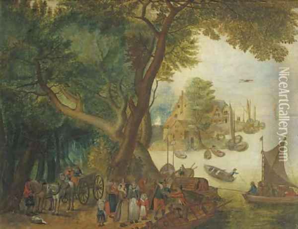 A river landscape with elegant figures, a village and sailing boats in the distance Oil Painting - Jan The Elder Brueghel