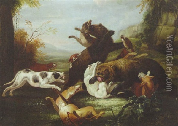 Hounds Attacking Bears In A Landscape Oil Painting - Carl Borromaus Andreas Ruthart