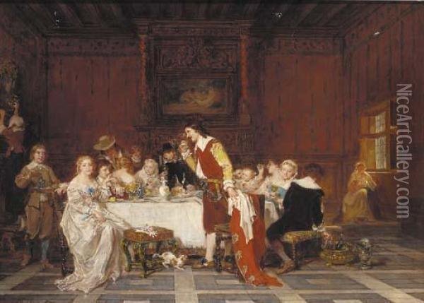 Elegant Figures Dining In An Interior Oil Painting - Antoine Emile Plassan