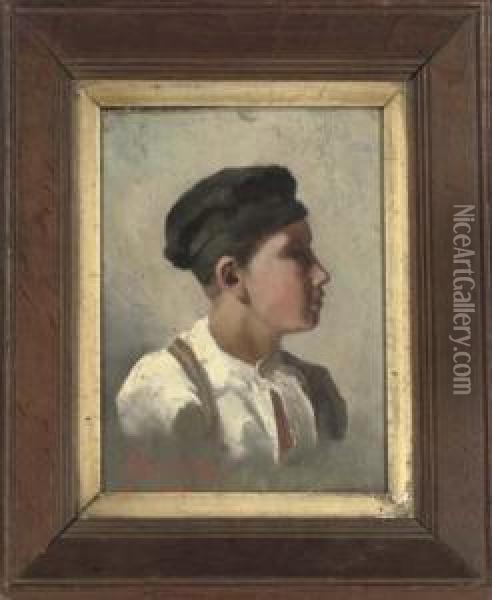 Portrait Of A Young Boy, Quarter-length, In A White Shirt And Blue Hat Oil Painting - Edith Oenone Somerville
