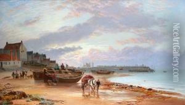 A Scottish Port Scene With Beached Boats And Fisherfolk Oil Painting - John MacPherson