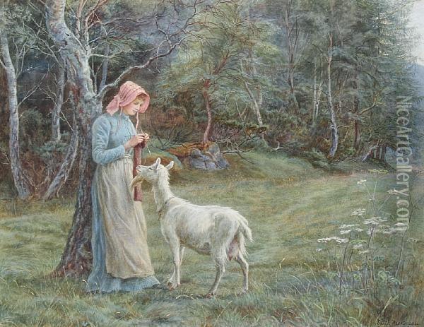 Maid Crocheting In A Field, With A Goat Standing Beside Oil Painting - Edith Martineau