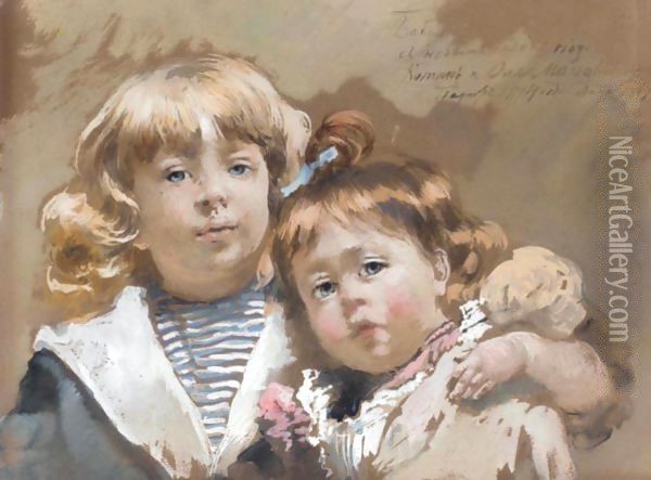 Portrait Of The Artist's Children, Konstantin And Olga Oil Painting - Konstantin Egorovich Egorovich Makovsky